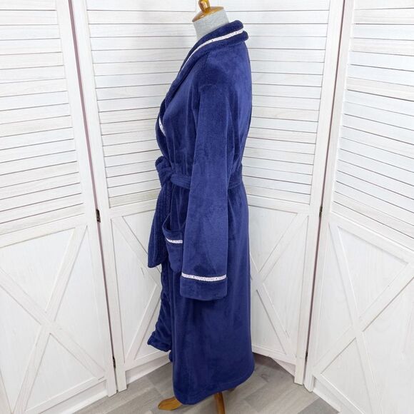 Victorias Secret Logo Ribbon Trim Fleece Bathrobe Robe Blue Small - Picture 2 of 12